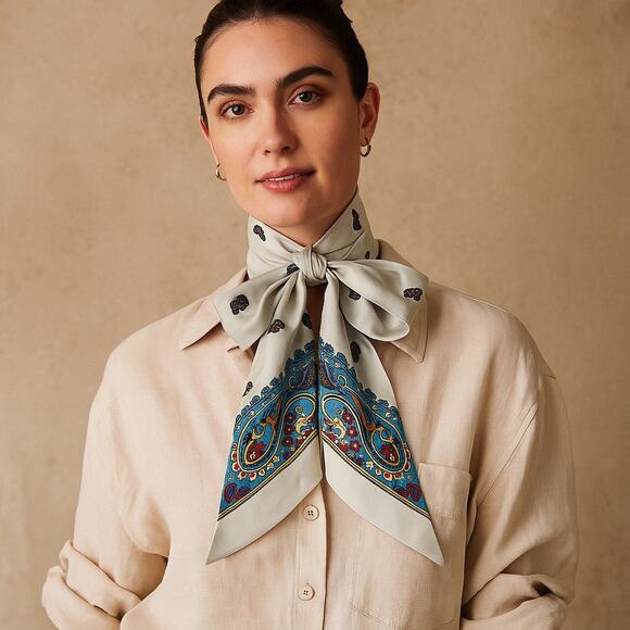 Vintage 1980s Paisley Silk Scarf Gray Blue Red Boho Necktie Head Wrap - Picture 1 of 6